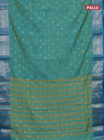 Semi raw silk saree teal shade and cs blue with allover kalamkari prints & 1000 zari buttas and zari woven border