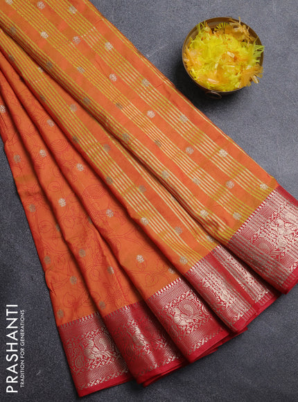 Semi raw silk saree orange and red with allover kalamkari prints & 1000 zari buttas and zari woven border