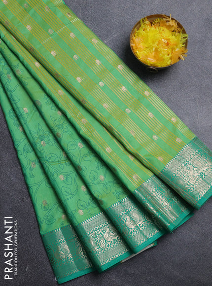 Semi raw silk saree light green with allover kalamkari prints & 1000 zari buttas and zari woven border