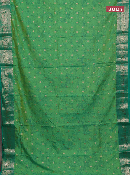 Semi raw silk saree light green with allover kalamkari prints & 1000 zari buttas and zari woven border