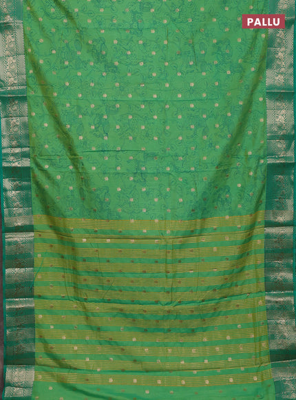 Semi raw silk saree light green with allover kalamkari prints & 1000 zari buttas and zari woven border