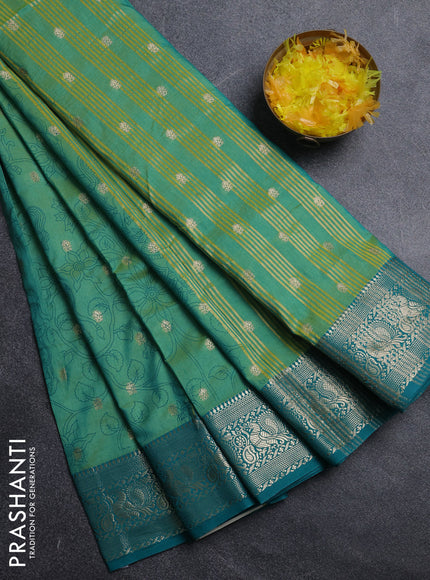 Semi raw silk saree teal green and teal blue with allover kalamkari prints & 1000 zari buttas and zari woven border