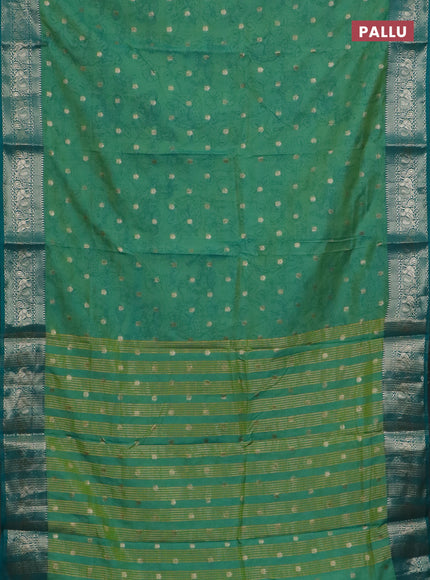 Semi raw silk saree teal green and teal blue with allover kalamkari prints & 1000 zari buttas and zari woven border
