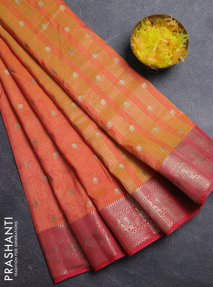 Semi raw silk saree orange and pink with allover kalamkari prints & 1000 zari buttas and zari woven border