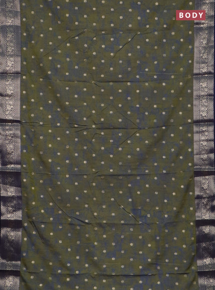 Semi raw silk saree sap green and navy blue with allover kalamkari prints & 1000 zari buttas and zari woven border
