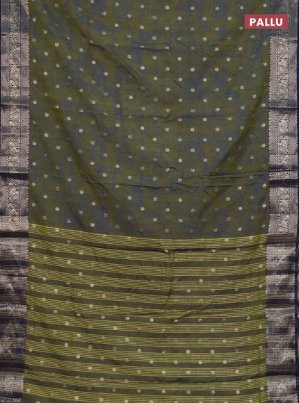 Semi raw silk saree sap green and navy blue with allover kalamkari prints & 1000 zari buttas and zari woven border
