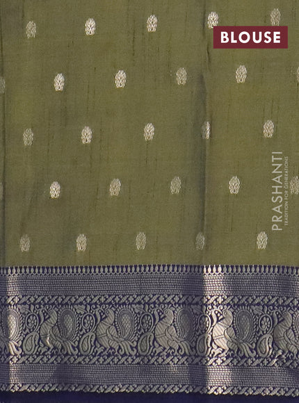 Semi raw silk saree sap green and navy blue with allover kalamkari prints & 1000 zari buttas and zari woven border