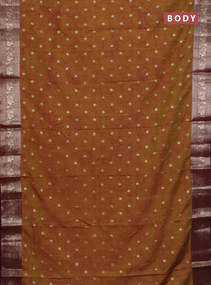 Semi raw silk saree dark mustard and maroon with allover kalamkari prints & 1000 zari buttas and zari woven border