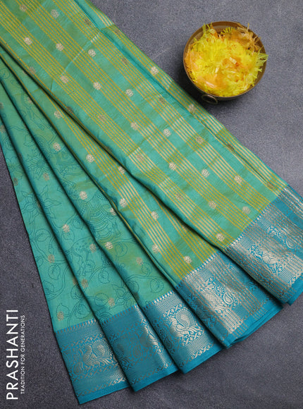 Semi raw silk saree teal shade and cs blue with allover kalamkari prints & 1000 zari buttas and zari woven border