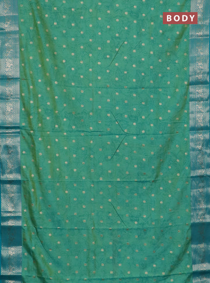 Semi raw silk saree teal shade and cs blue with allover kalamkari prints & 1000 zari buttas and zari woven border