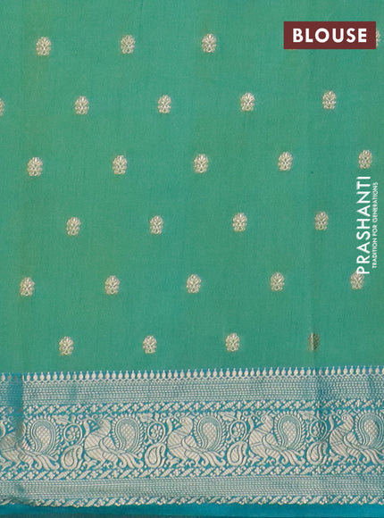 Semi raw silk saree teal shade and cs blue with allover kalamkari prints & 1000 zari buttas and zari woven border