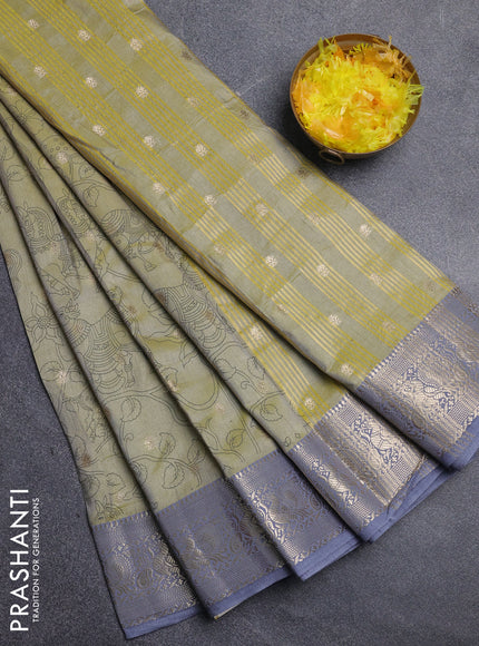 Semi raw silk saree mild pista green and grey with allover kalamkari prints & 1000 zari buttas and zari woven border