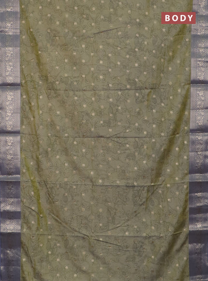 Semi raw silk saree mild pista green and grey with allover kalamkari prints & 1000 zari buttas and zari woven border