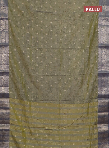 Semi raw silk saree mild pista green and grey with allover kalamkari prints & 1000 zari buttas and zari woven border