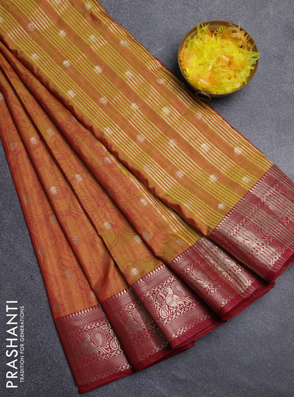 Semi raw silk saree dark mustard and maroon with allover kalamkari prints & 1000 zari buttas and zari woven border