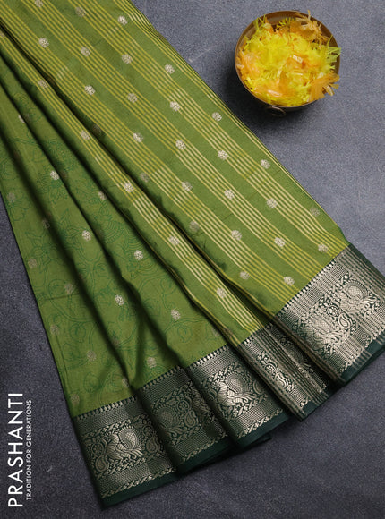 Semi raw silk saree mehendi green and bottle green with allover kalamkari prints & 1000 zari buttas and zari woven border