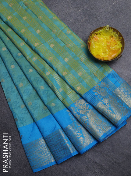 Semi raw silk saree teal blue and cs blue with butta prints & 1000 buttas and zari woven border