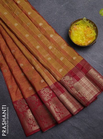Semi raw silk saree dark mustard and maroon with butta prints & 1000 buttas and zari woven border