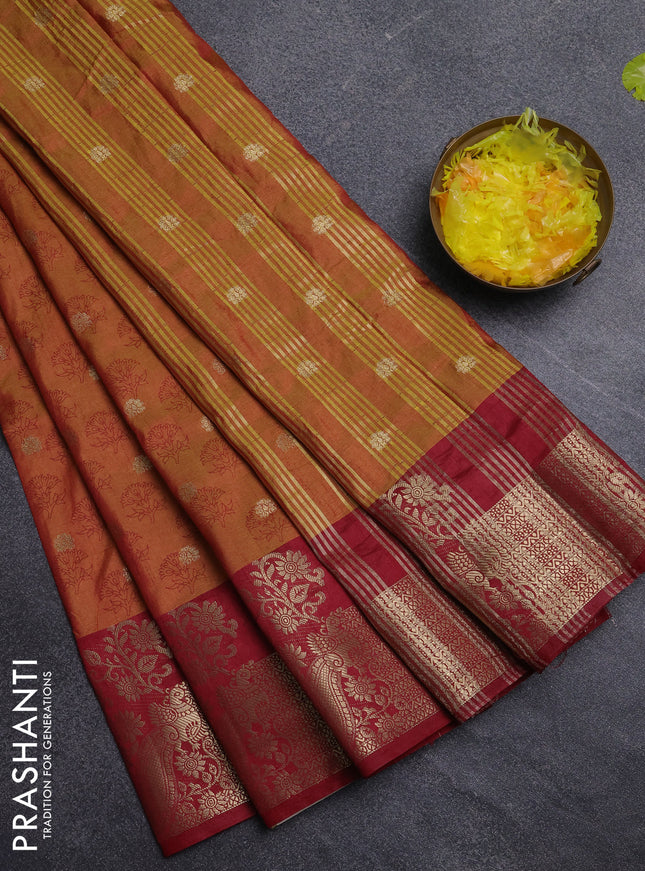 Semi raw silk saree dark mustard and maroon with butta prints & 1000 buttas and zari woven border
