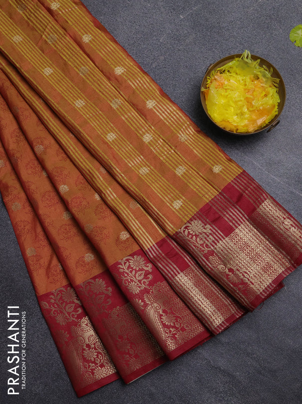 Semi raw silk saree dark mustard and maroon with butta prints & 1000 buttas and zari woven border