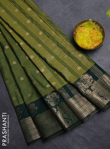 Semi raw silk saree mehendi green and dark green with butta prints & 1000 buttas and zari woven border