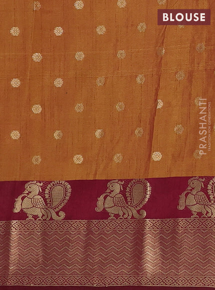 Semi raw silk saree dark mustard and deep maroon with allover kalamkari prints & 1000 zari buttas and zari woven border