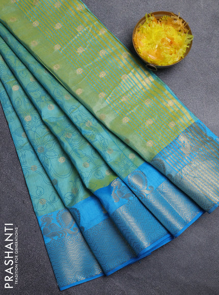 Semi raw silk saree teal shade and cs blue with allover kalamkari prints & 1000 zari buttas and zari woven border