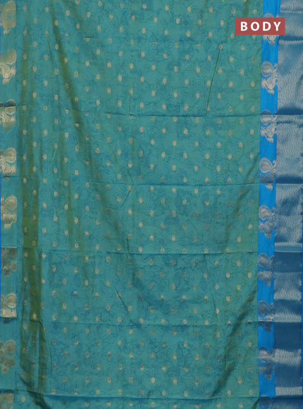 Semi raw silk saree teal shade and cs blue with allover kalamkari prints & 1000 zari buttas and zari woven border