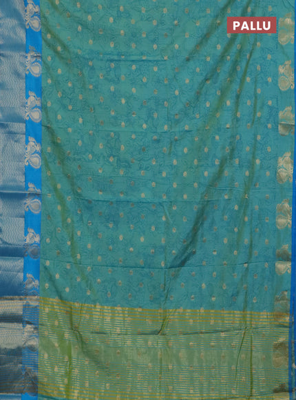 Semi raw silk saree teal shade and cs blue with allover kalamkari prints & 1000 zari buttas and zari woven border