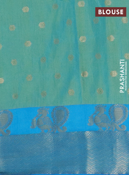 Semi raw silk saree teal shade and cs blue with allover kalamkari prints & 1000 zari buttas and zari woven border