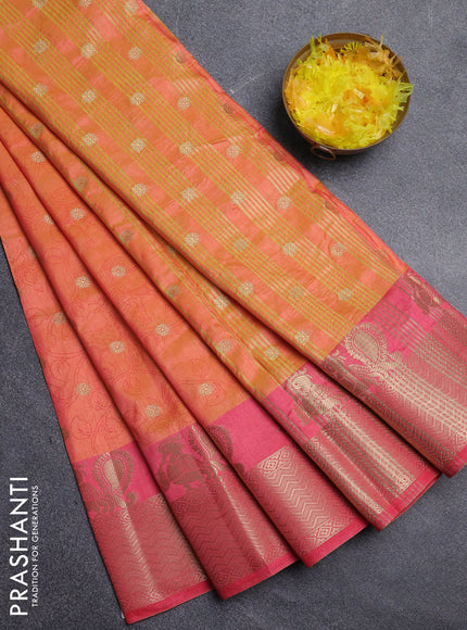 Semi raw silk saree orange and peach pink with allover kalamkari prints & 1000 zari buttas and zari woven border