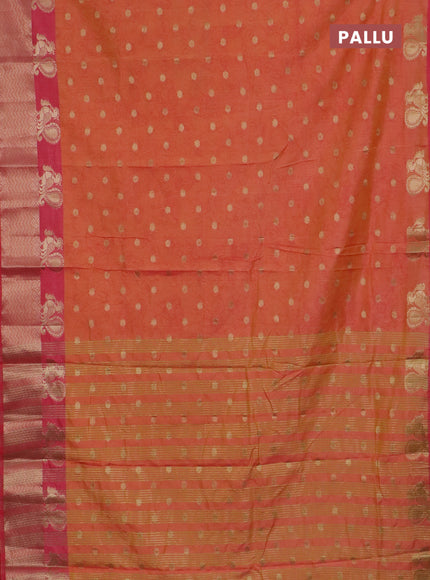 Semi raw silk saree orange and peach pink with allover kalamkari prints & 1000 zari buttas and zari woven border