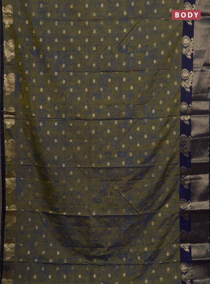 Semi raw silk saree sap green and navy blue with allover kalamkari prints & 1000 zari buttas and zari woven border