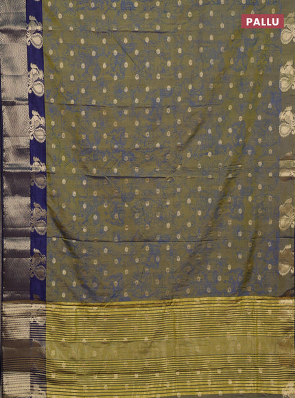 Semi raw silk saree sap green and navy blue with allover kalamkari prints & 1000 zari buttas and zari woven border