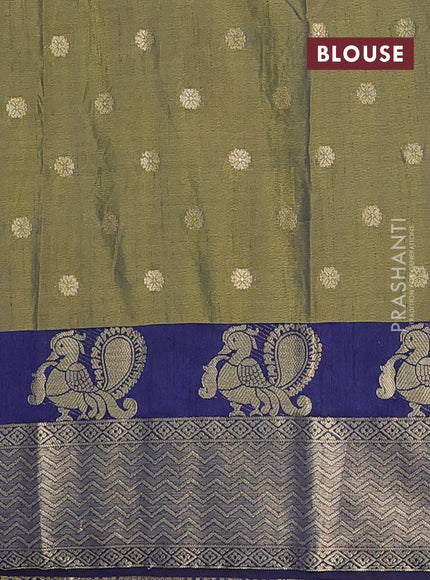Semi raw silk saree sap green and navy blue with allover kalamkari prints & 1000 zari buttas and zari woven border