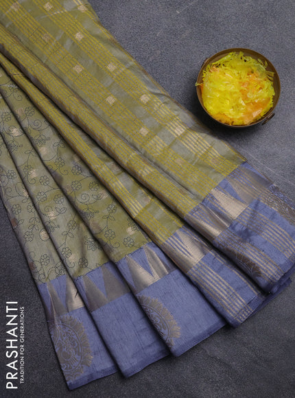 Semi raw silk saree green shade and grey with allover prints & 1000 buttas and temple design zari woven butta border