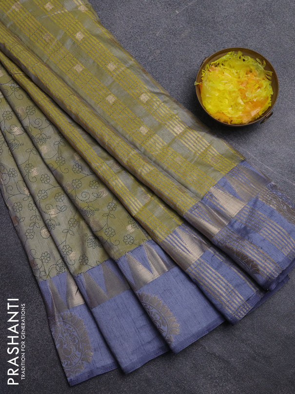 Semi raw silk saree green shade and grey with allover prints & 1000 buttas and temple design zari woven butta border