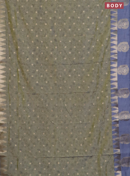 Semi raw silk saree green shade and grey with allover prints & 1000 buttas and temple design zari woven butta border