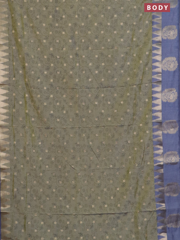 Semi raw silk saree green shade and grey with allover prints & 1000 buttas and temple design zari woven butta border