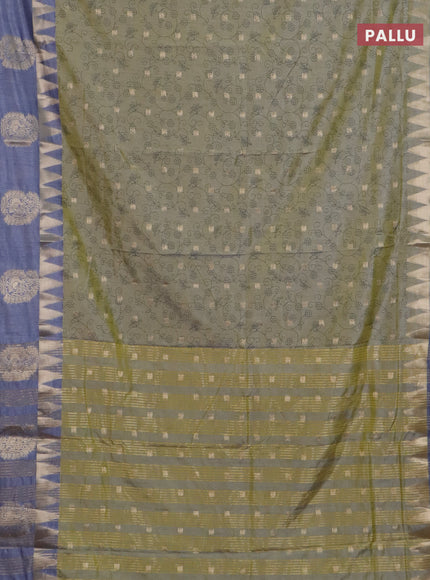 Semi raw silk saree green shade and grey with allover prints & 1000 buttas and temple design zari woven butta border