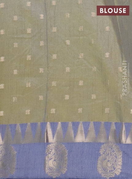 Semi raw silk saree green shade and grey with allover prints & 1000 buttas and temple design zari woven butta border