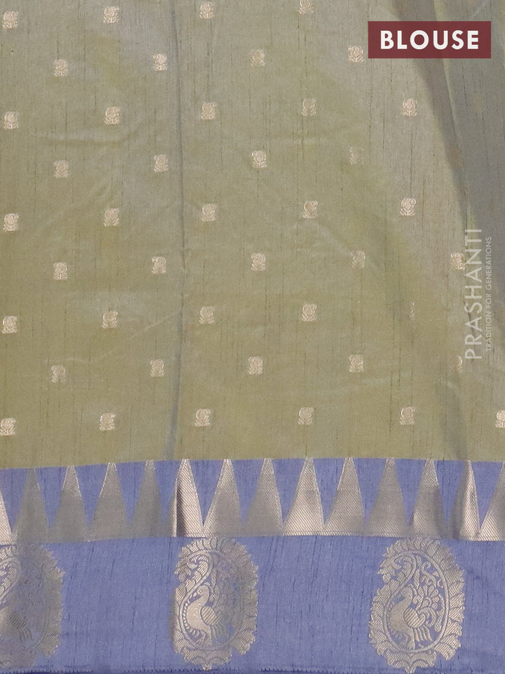 Semi raw silk saree green shade and grey with allover prints & 1000 buttas and temple design zari woven butta border