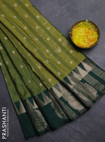 Semi raw silk saree mehendi green and dark green with allover prints & 1000 buttas and temple design zari woven butta border