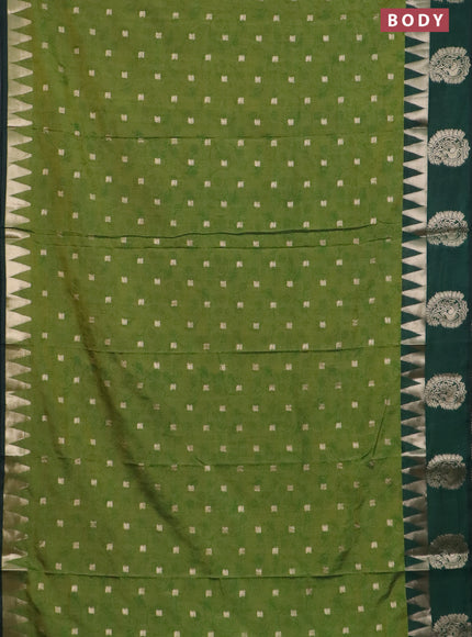 Semi raw silk saree mehendi green and dark green with allover prints & 1000 buttas and temple design zari woven butta border