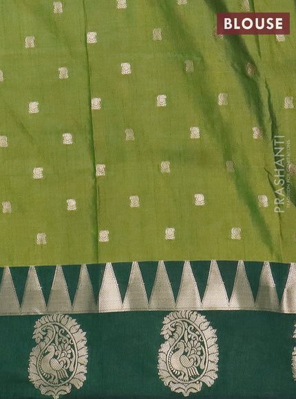 Semi raw silk saree mehendi green and dark green with allover prints & 1000 buttas and temple design zari woven butta border