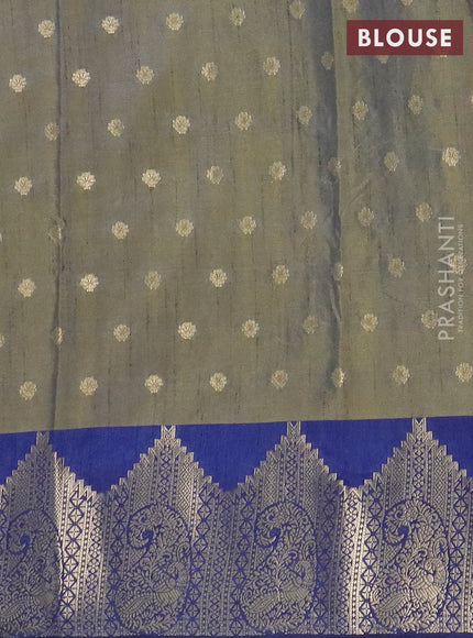 Semi raw silk saree sap green and blue with allover prints & 1000 buttas and zari woven border