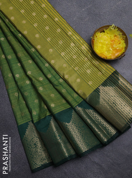 Semi raw silk saree sap green and dark green with allover prints & 1000 buttas and zari woven border