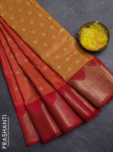 Semi raw silk saree orange and red with allover prints & 1000 buttas and zari woven border