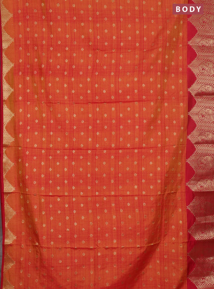 Semi raw silk saree orange and red with allover prints & 1000 buttas and zari woven border