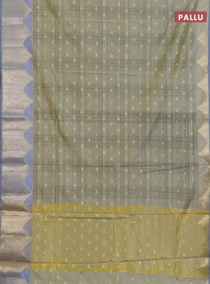 Semi raw silk saree green shade and grey with allover prints & 1000 buttas and zari woven border